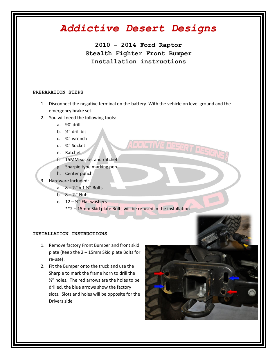 Addictive Desert Designs 2009 - 2013 F-150/Raptor Stealth Fighter Front Bumper User Manual | 3 pages