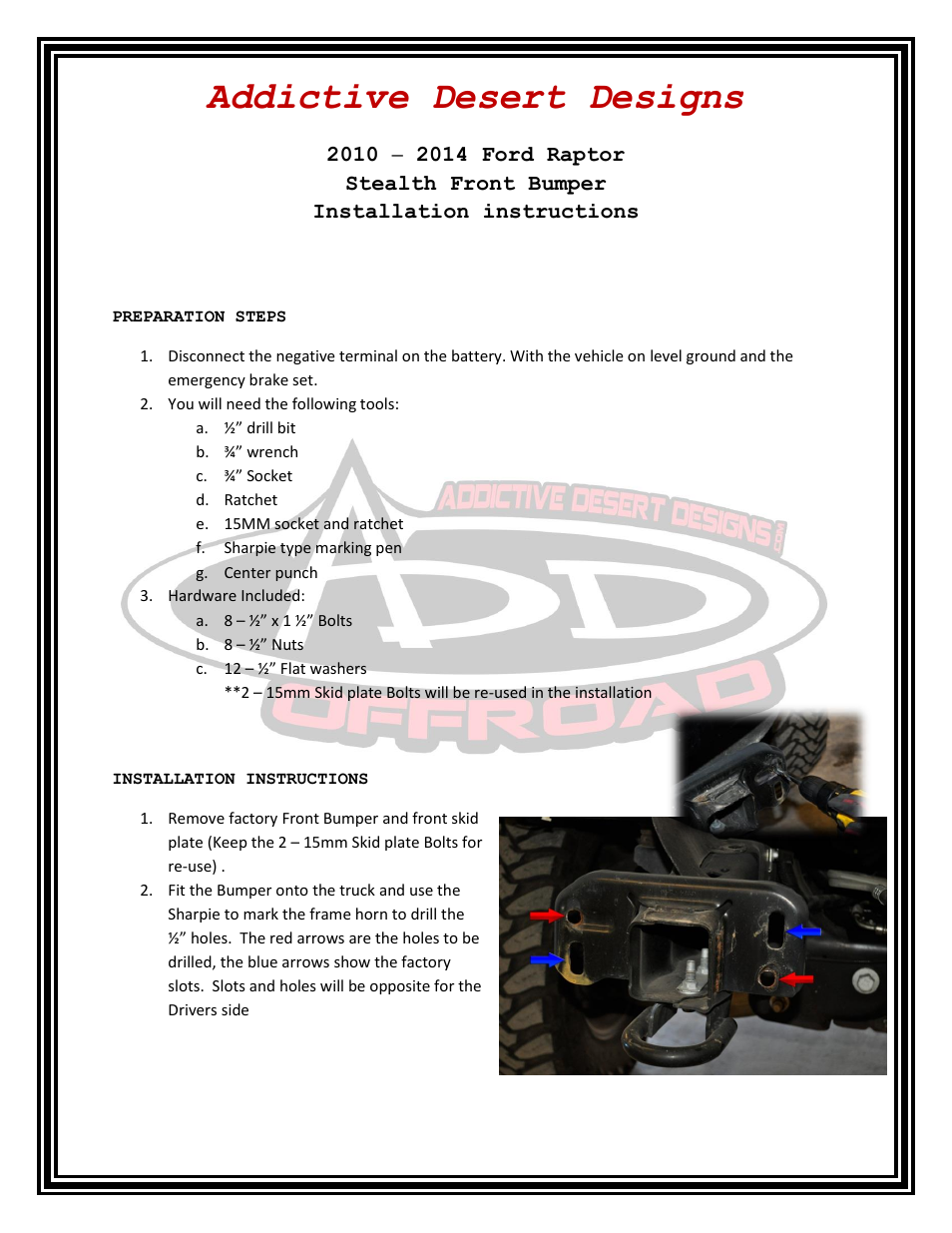 Addictive Desert Designs 2009 - 2013 F-150/Raptor Stealth Front Bumper User Manual | 3 pages