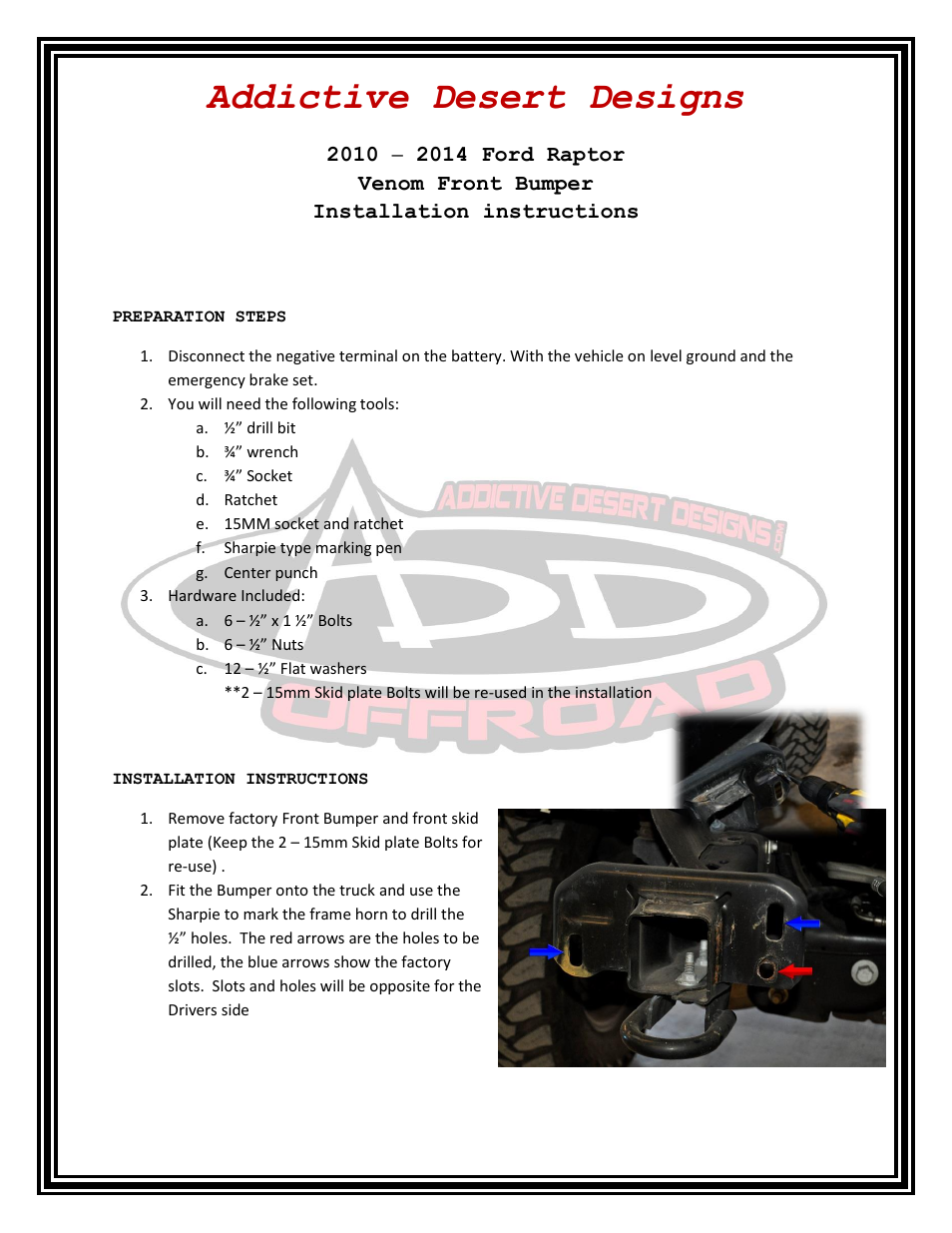Addictive Desert Designs 2009 - 2013 F-150/Raptor Venom Front Bumper User Manual | 3 pages