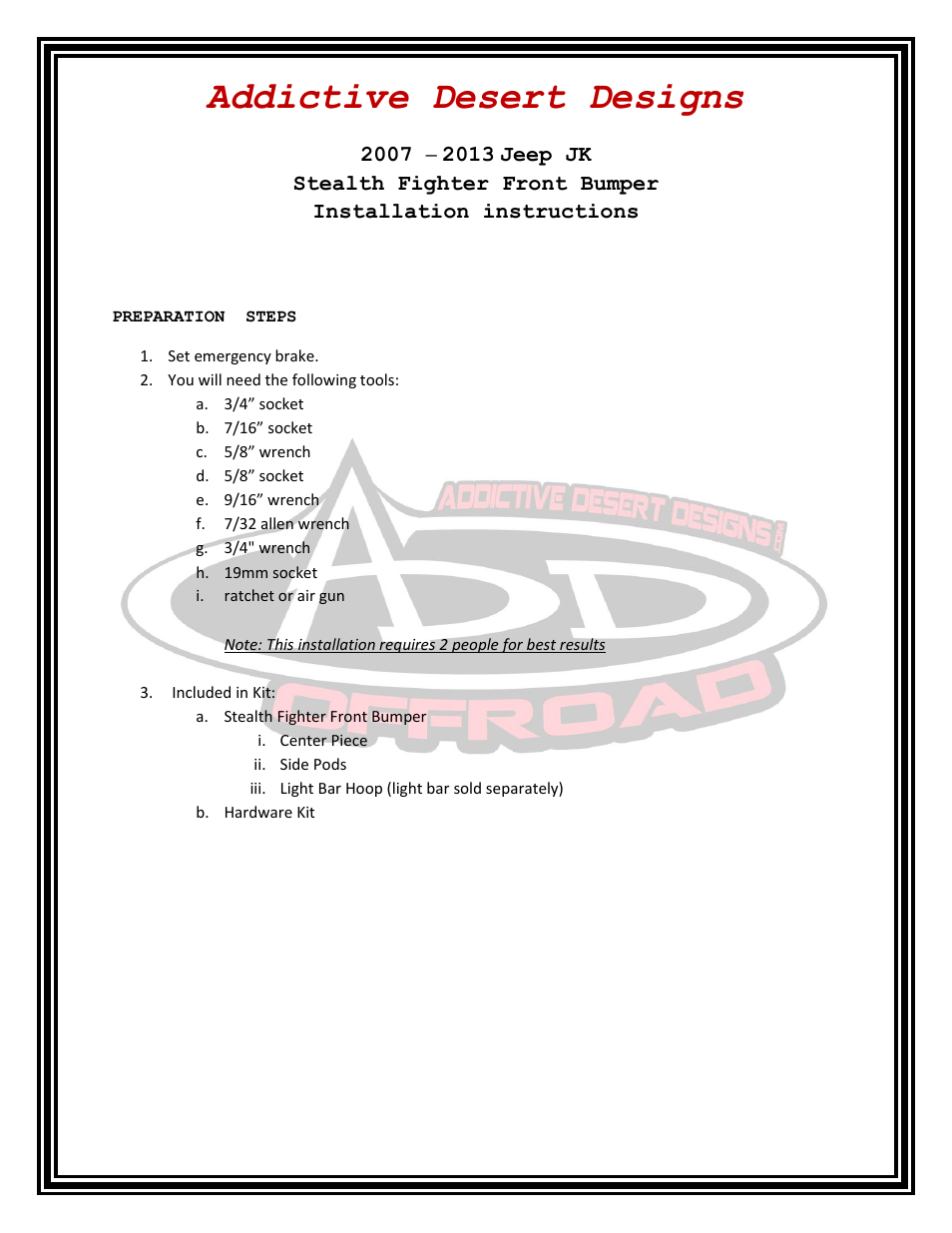 Addictive Desert Designs 2007 - 2013 Jeep JK Stealth Fighter Front Bumper User Manual | 4 pages