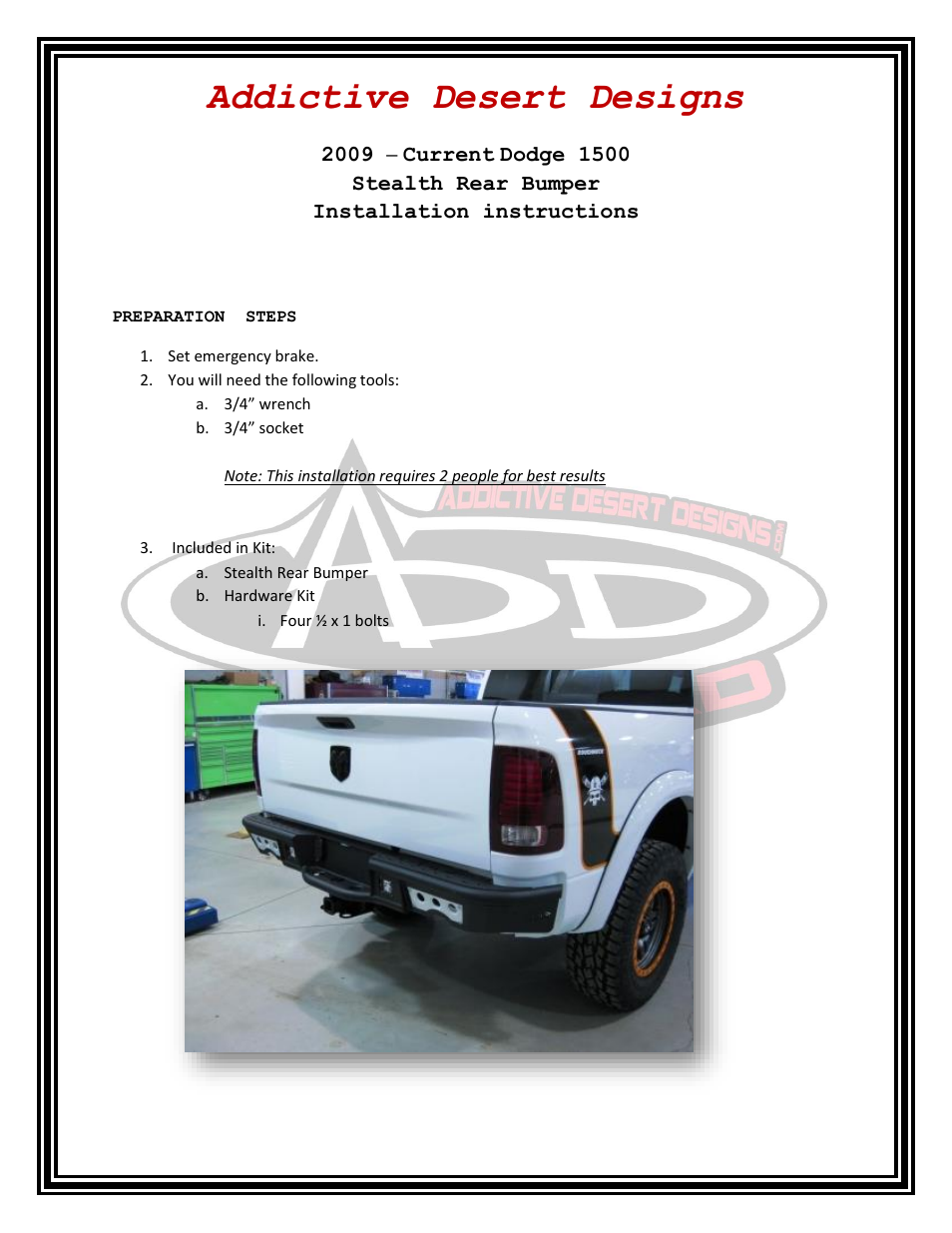Addictive Desert Designs 2009 - Up Dodge 1500 Stealth Rear Bumper User Manual | 2 pages