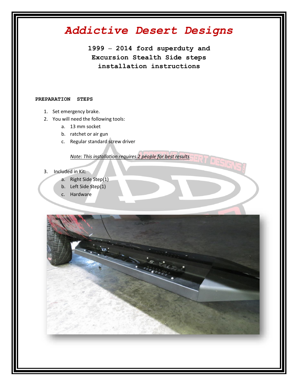 Addictive Desert Designs 1999 - 2014 Ford SuperDuty and Excursion Stealth Side Step User Manual | 3 pages