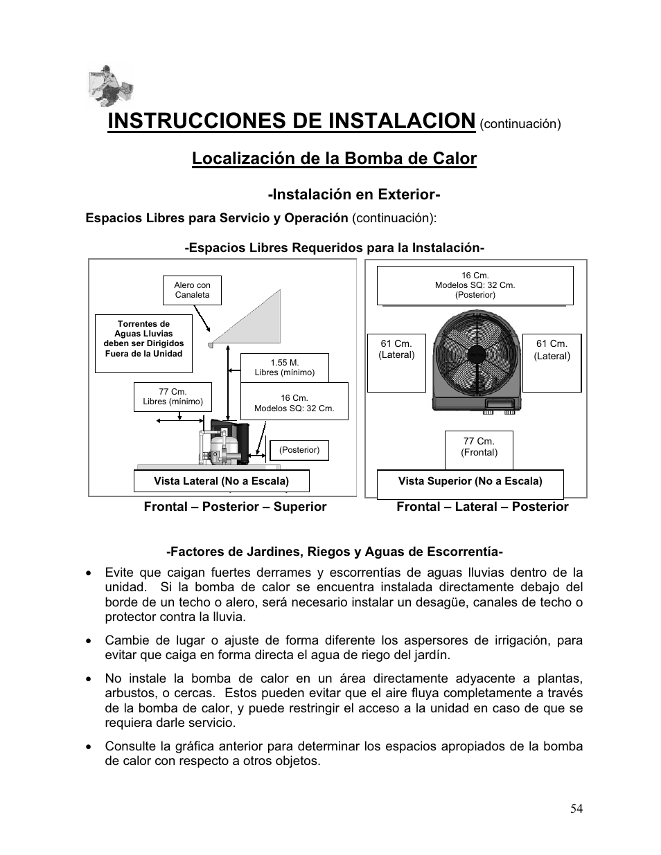 Instrucciones de instalacion, Localización de la bomba de calor, Instalación en exterior | Aquacal 110 User Manual | Page 112 / 214