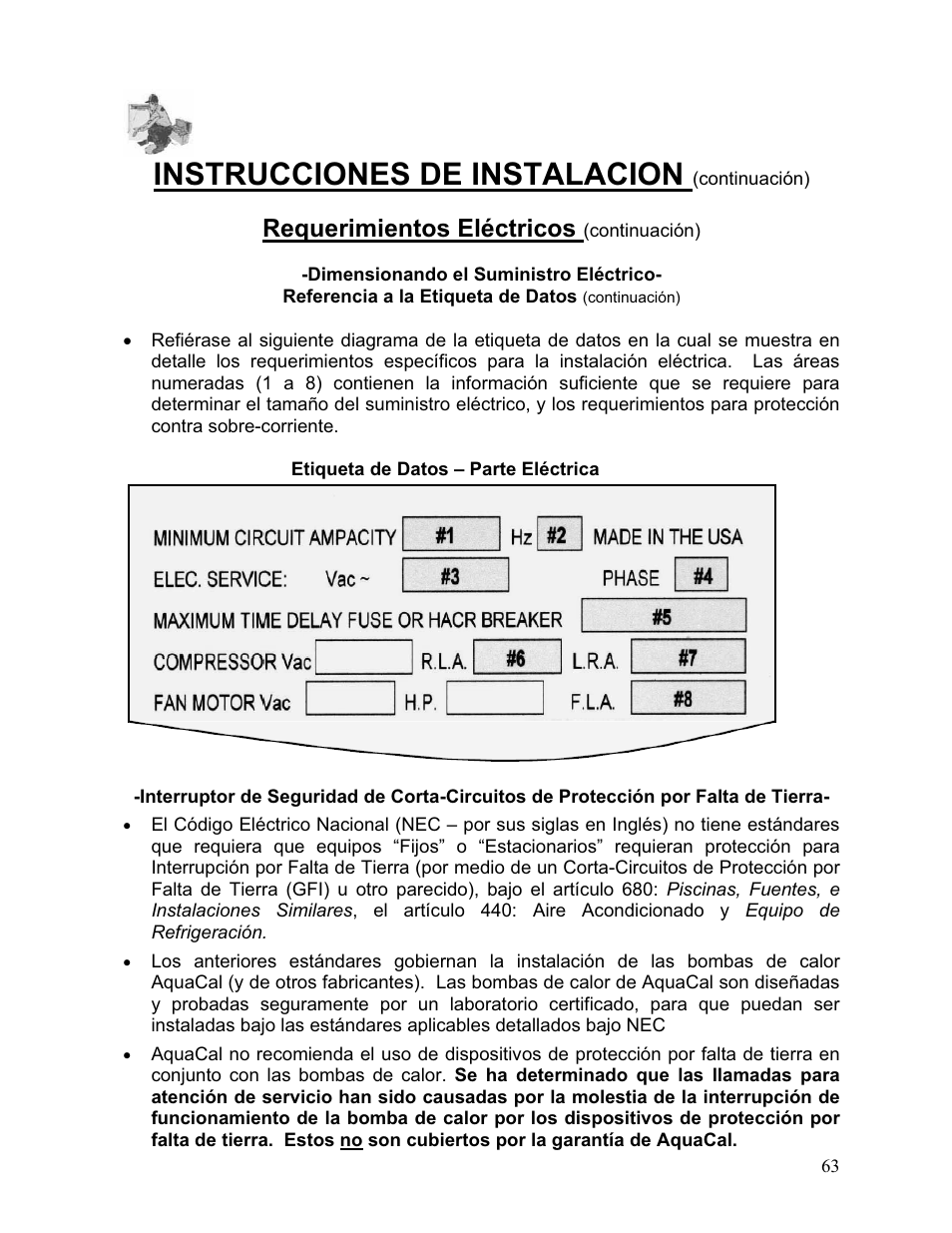 Instrucciones de instalacion, Requerimientos eléctricos | Aquacal 110 User Manual | Page 121 / 214