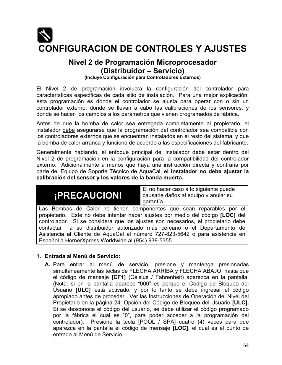 Configuracion de controles y ajustes, Precaucion | Aquacal 110 User Manual | Page 122 / 214