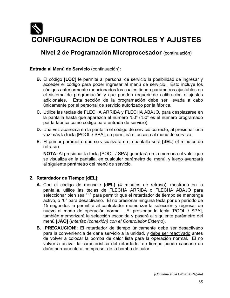 Configuracion de controles y ajustes, Nivel 2 de programación microprocesador | Aquacal 110 User Manual | Page 123 / 214