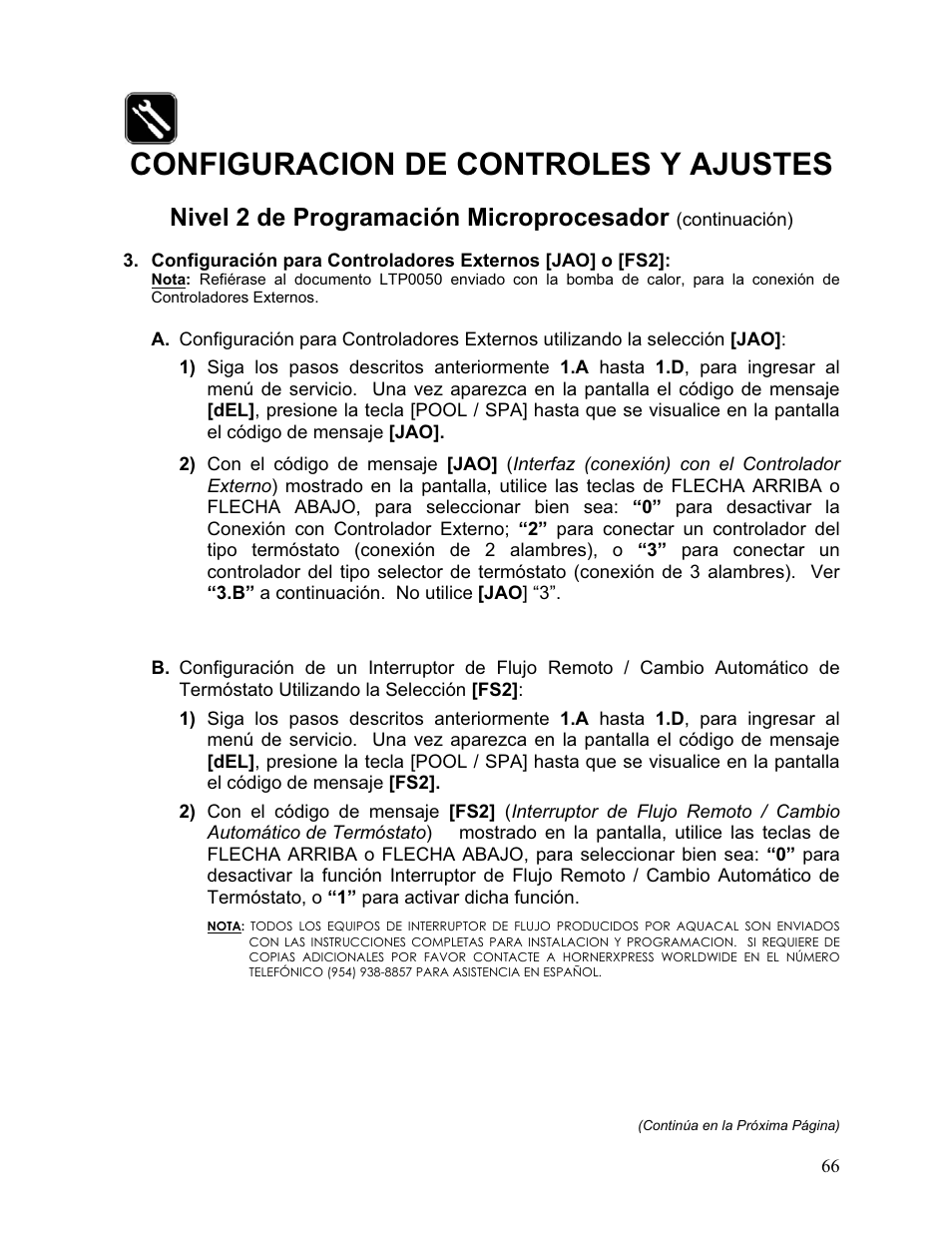 Configuracion de controles y ajustes, Nivel 2 de programación microprocesador | Aquacal 110 User Manual | Page 124 / 214