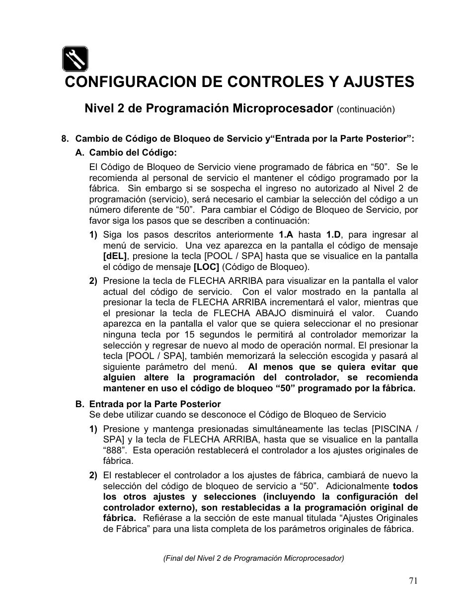 Configuracion de controles y ajustes, Nivel 2 de programación microprocesador | Aquacal 110 User Manual | Page 129 / 214