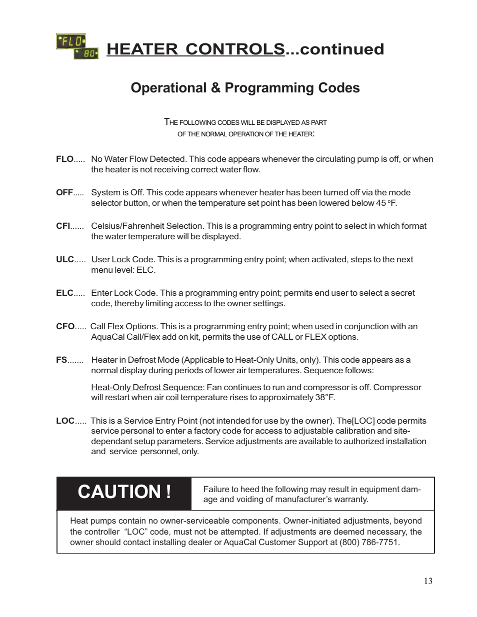 Caution, Heater controls...continued, Operational & programming codes | Aquacal 110 User Manual | Page 13 / 214