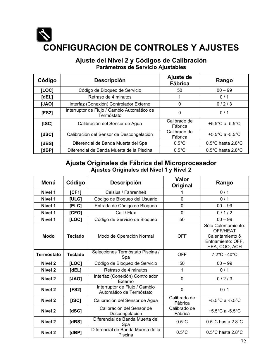 Configuracion de controles y ajustes, Ajuste del nivel 2 y códigos de calibración, Ajuste originales de fábrica del microprocesador | Aquacal 110 User Manual | Page 130 / 214