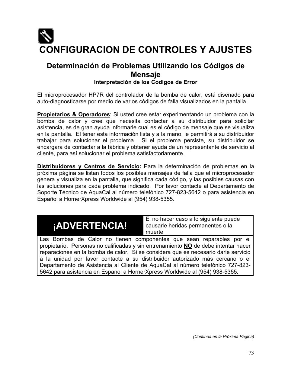 Configuracion de controles y ajustes, Advertencia | Aquacal 110 User Manual | Page 131 / 214