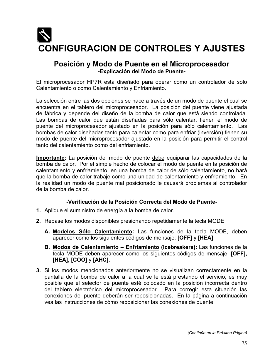 Configuracion de controles y ajustes, Posición y modo de puente en el microprocesador | Aquacal 110 User Manual | Page 133 / 214