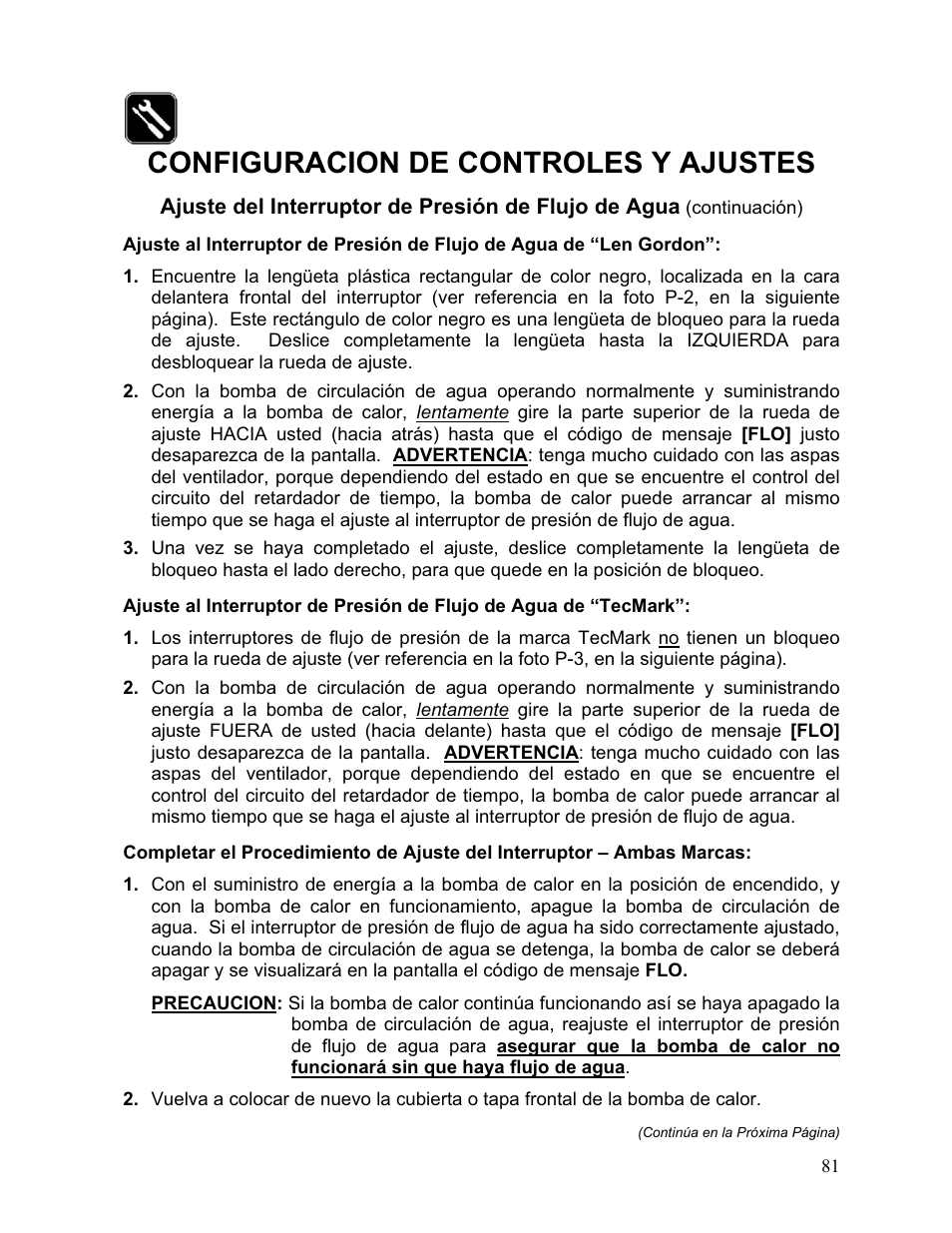 Configuracion de controles y ajustes | Aquacal 110 User Manual | Page 139 / 214