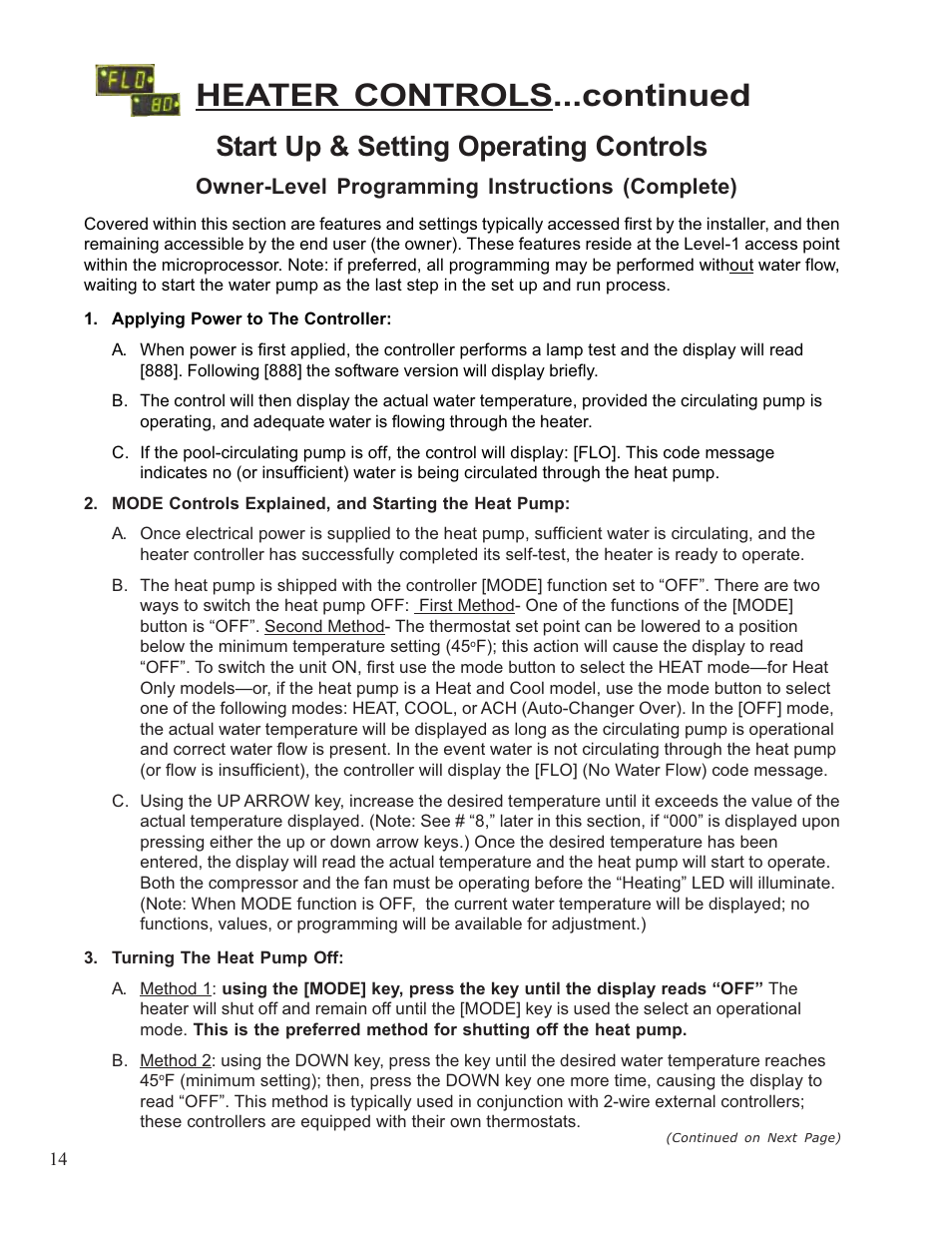 Heater controls...continued, Start up & setting operating controls, Owner-level programming instructions (complete) | Aquacal 110 User Manual | Page 14 / 214