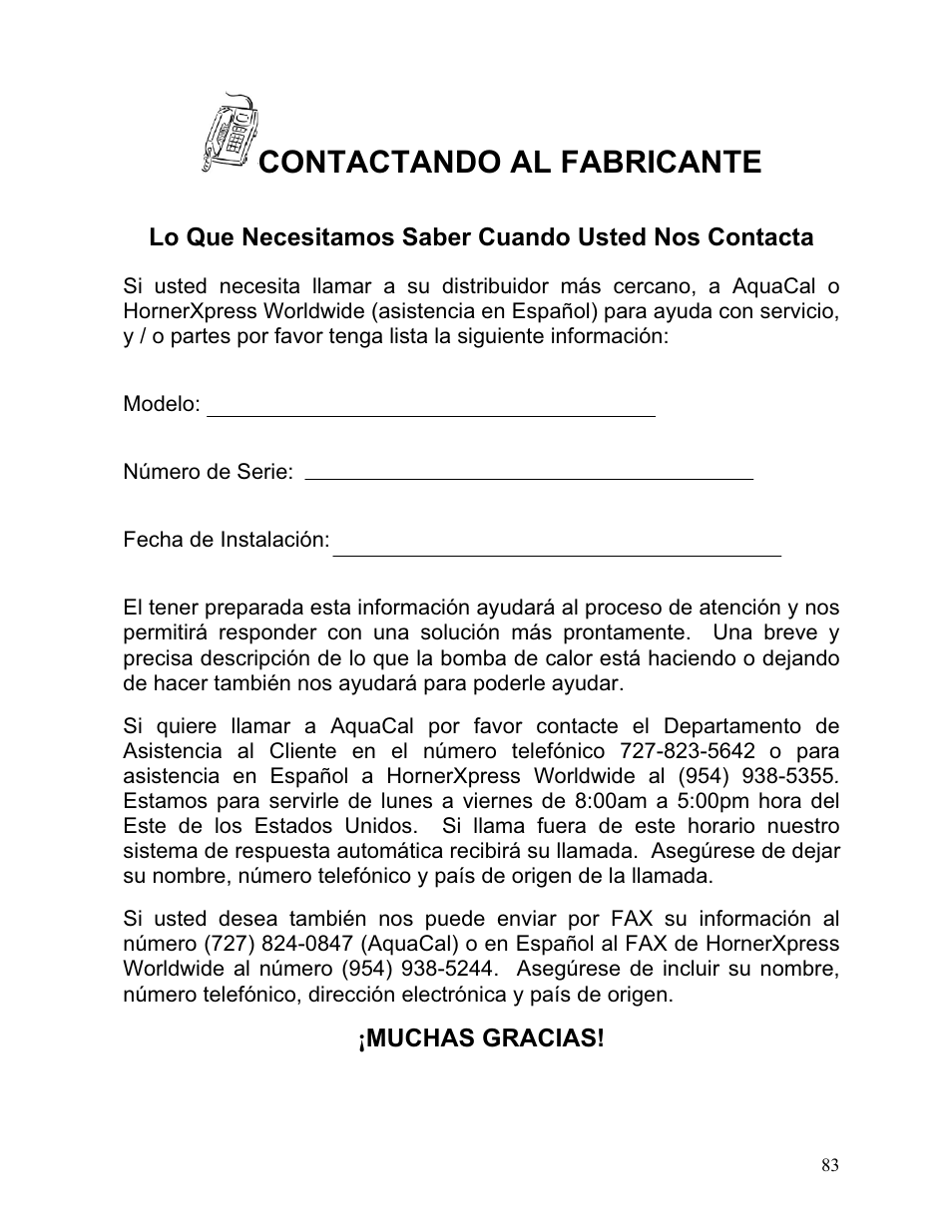 Contactando al fabricante | Aquacal 110 User Manual | Page 141 / 214