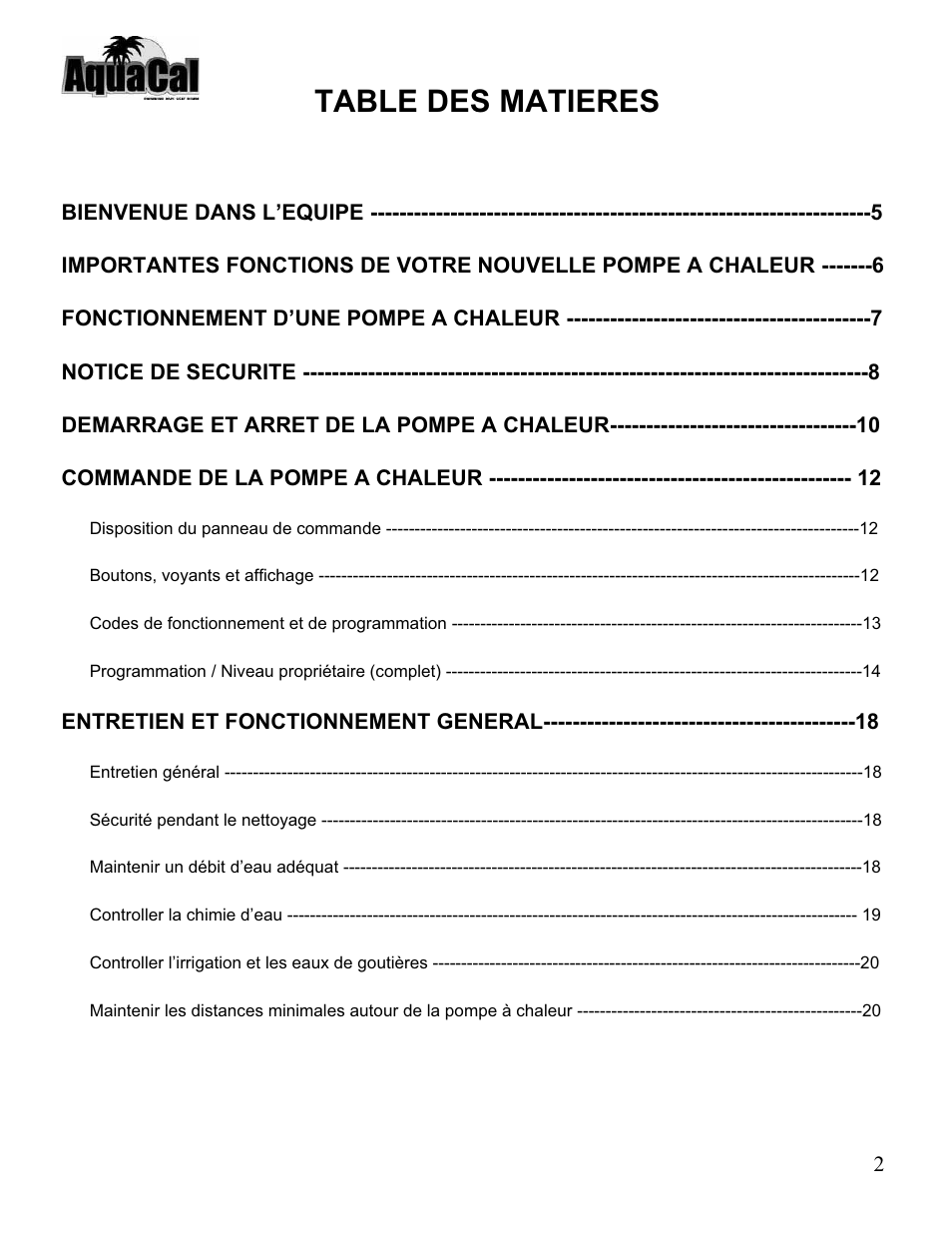 Table des matieres | Aquacal 110 User Manual | Page 145 / 214