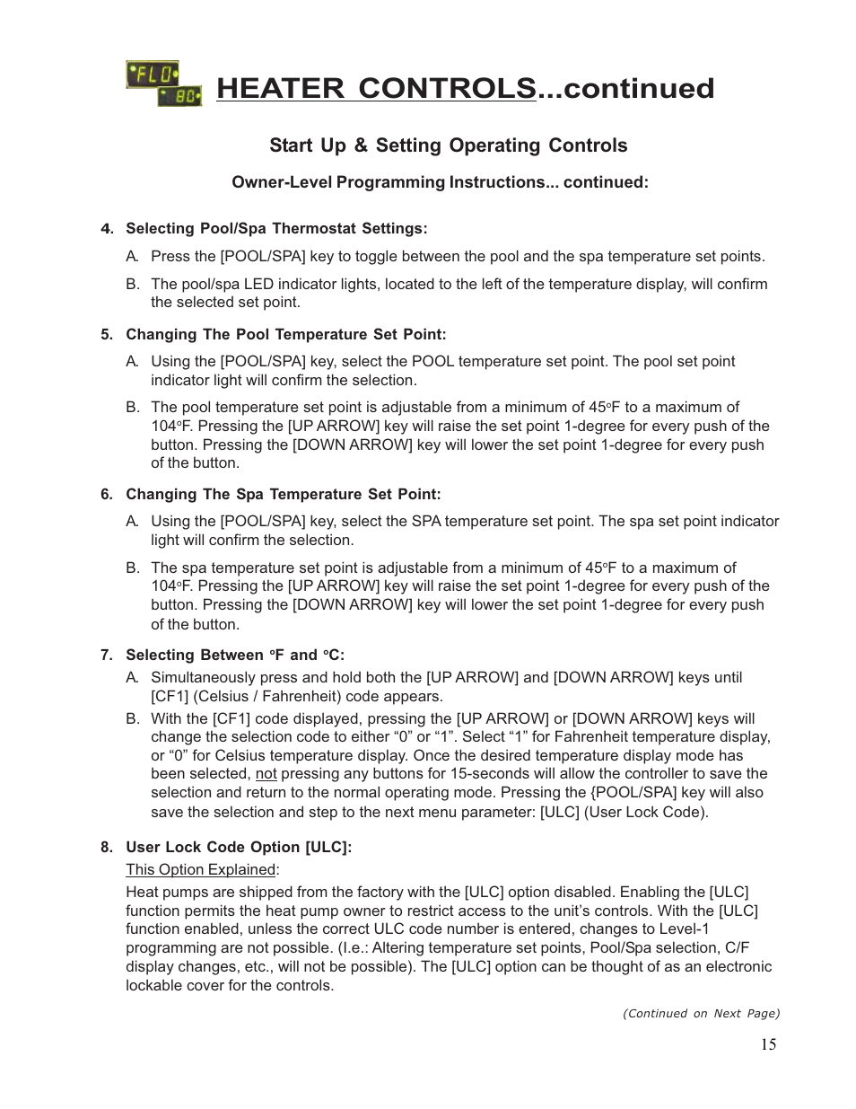 Heater controls...continued, Start up & setting operating controls | Aquacal 110 User Manual | Page 15 / 214