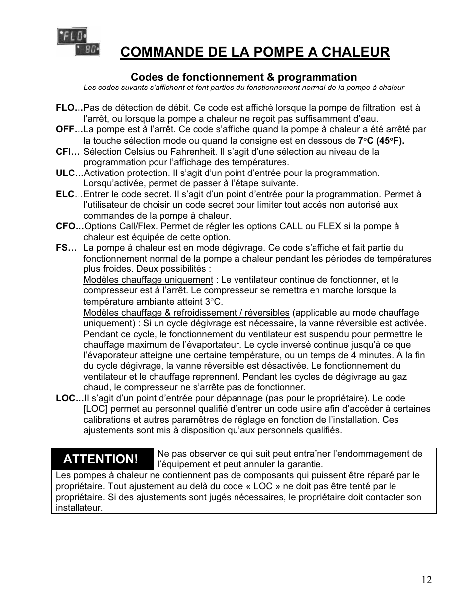 Commande de la pompe a chaleur, Attention | Aquacal 110 User Manual | Page 155 / 214