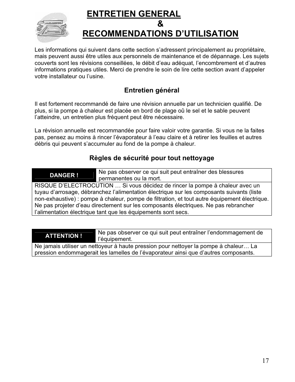 Entretien general & recommendations d’utilisation | Aquacal 110 User Manual | Page 160 / 214