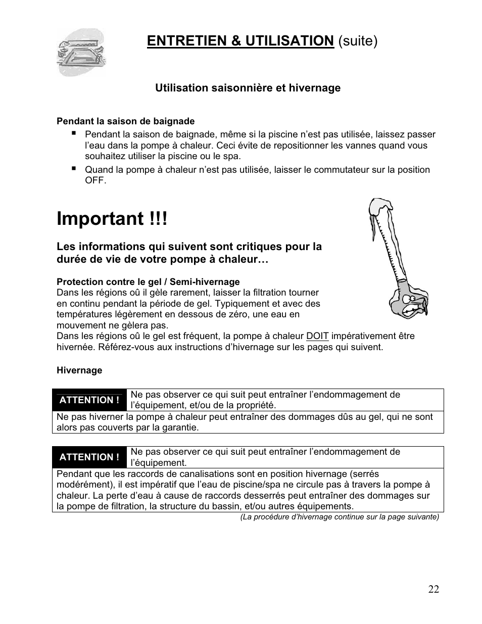 Important, Entretien & utilisation (suite) | Aquacal 110 User Manual | Page 165 / 214