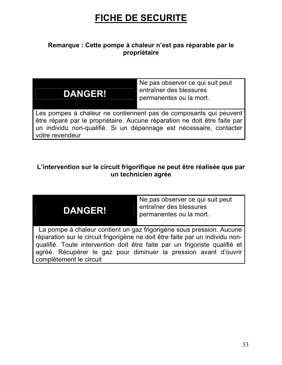 Fiche de securite, Danger | Aquacal 110 User Manual | Page 176 / 214