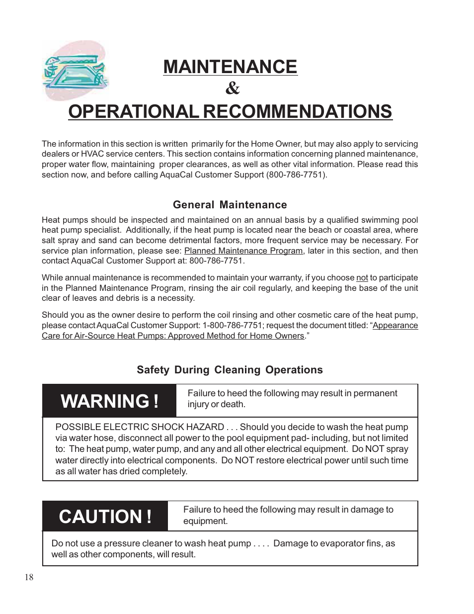 Maintenance operational recommendations, Caution, Warning | Aquacal 110 User Manual | Page 18 / 214