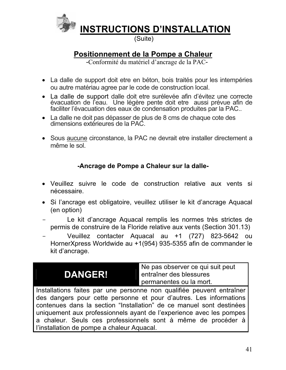 Instructions d’installation, Danger | Aquacal 110 User Manual | Page 184 / 214