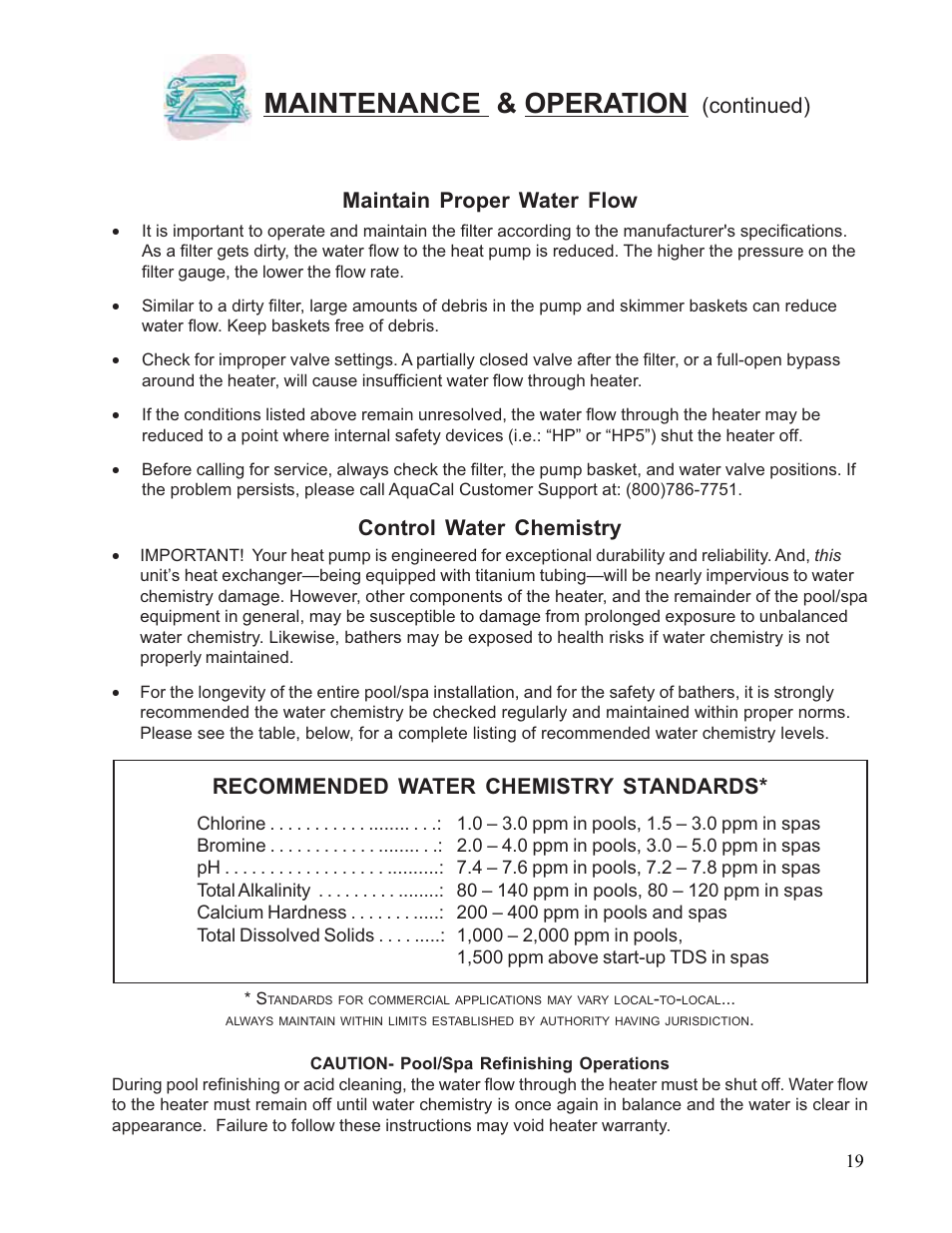 Maintenance & operation, Maintain proper water flow control water chemistry, Continued) | Recommended water chemistry standards | Aquacal 110 User Manual | Page 19 / 214