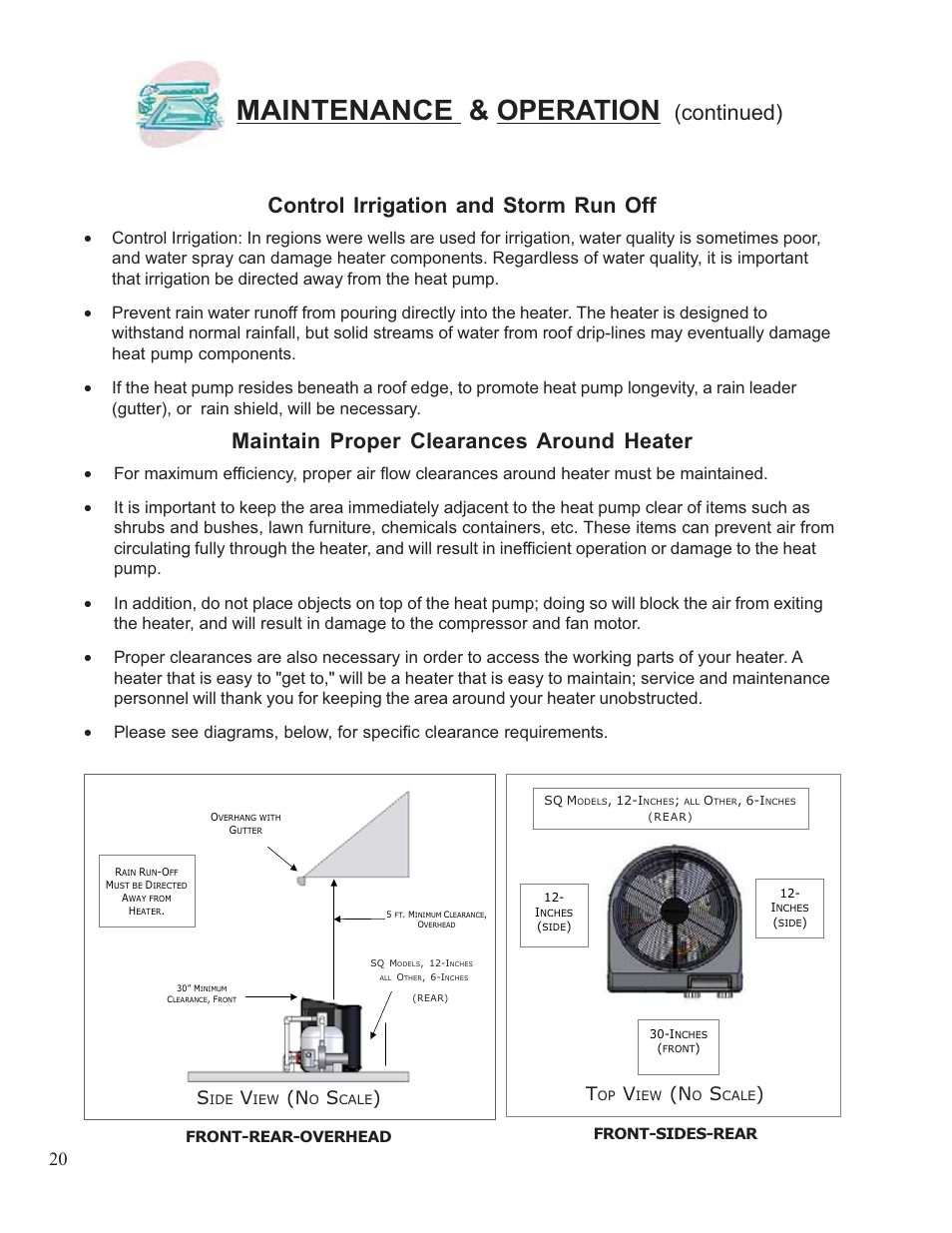 Maintenance & operation, Maintain proper clearances around heater, Control irrigation and storm run off | Continued) | Aquacal 110 User Manual | Page 20 / 214