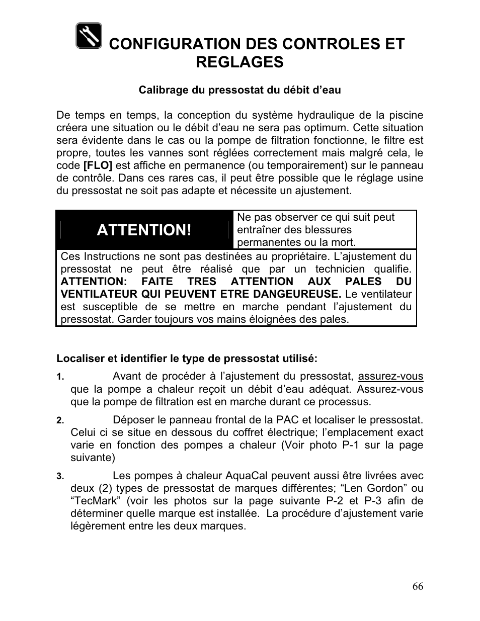 Configuration des controles et reglages, Attention | Aquacal 110 User Manual | Page 209 / 214