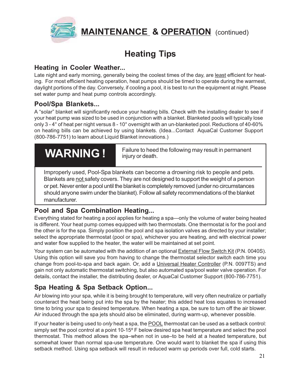 Warning, Heating tips, Maintenance & operation | Aquacal 110 User Manual | Page 21 / 214