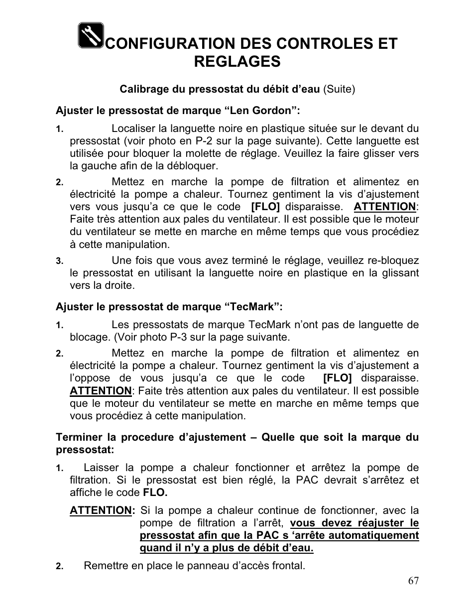 Configuration des controles et reglages | Aquacal 110 User Manual | Page 210 / 214