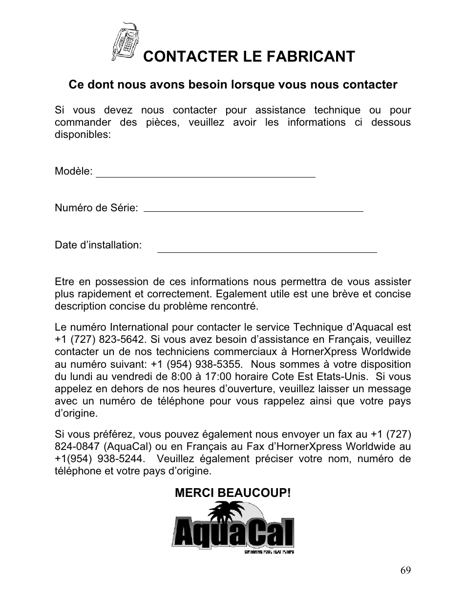 Contacter le fabricant | Aquacal 110 User Manual | Page 212 / 214