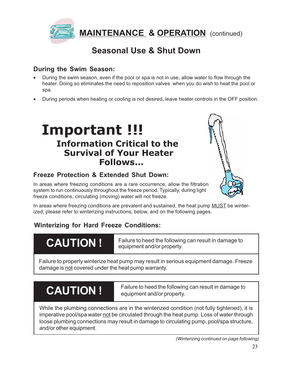 Important, Caution, Seasonal use & shut down | Maintenance & operation | Aquacal 110 User Manual | Page 23 / 214