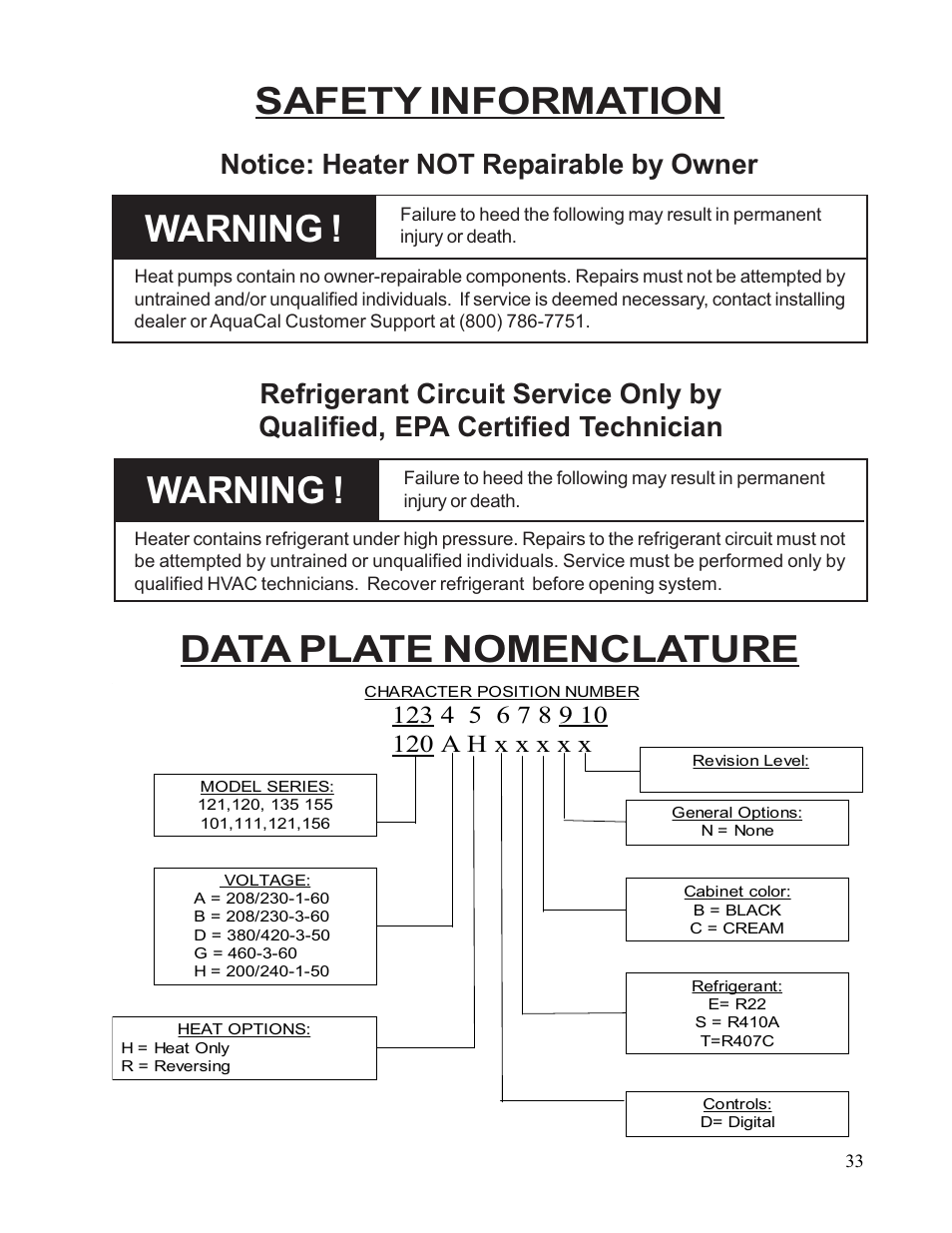 Safety information data plate nomenclature warning, Warning | Aquacal 110 User Manual | Page 33 / 214