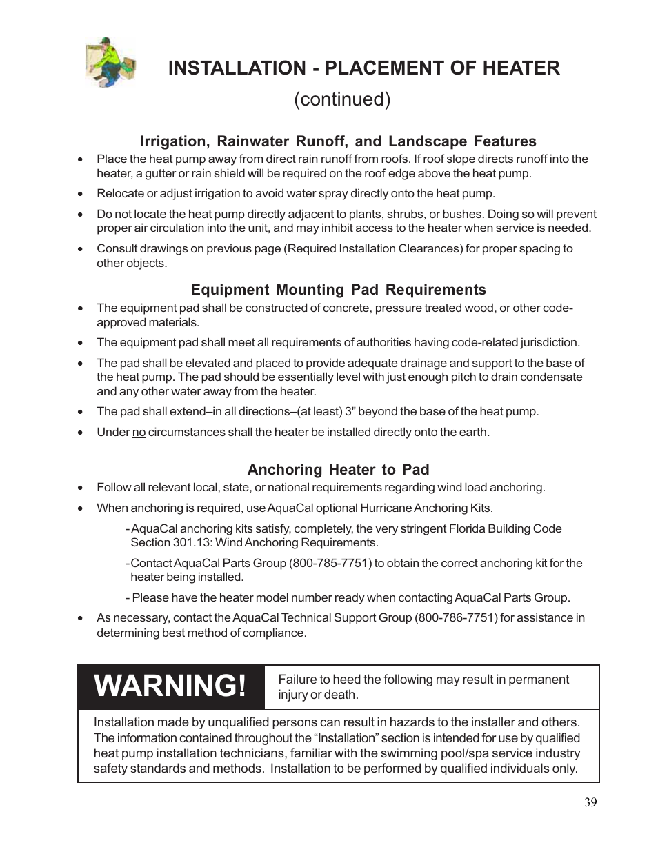 Warning, Installation - placement of heater (continued) | Aquacal 110 User Manual | Page 39 / 214