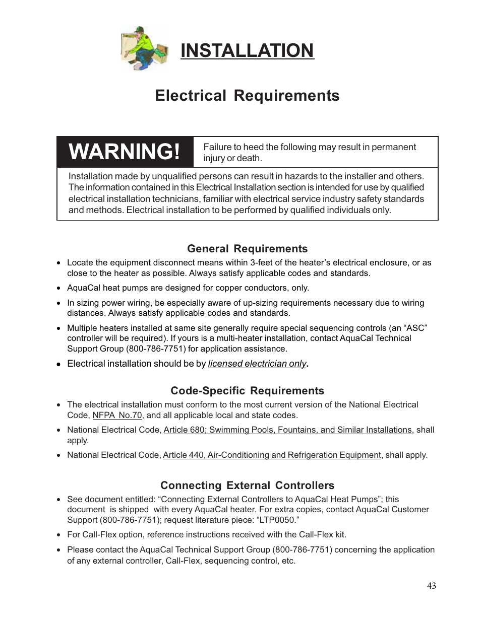 Warning, Installation, Electrical requirements | Aquacal 110 User Manual | Page 43 / 214