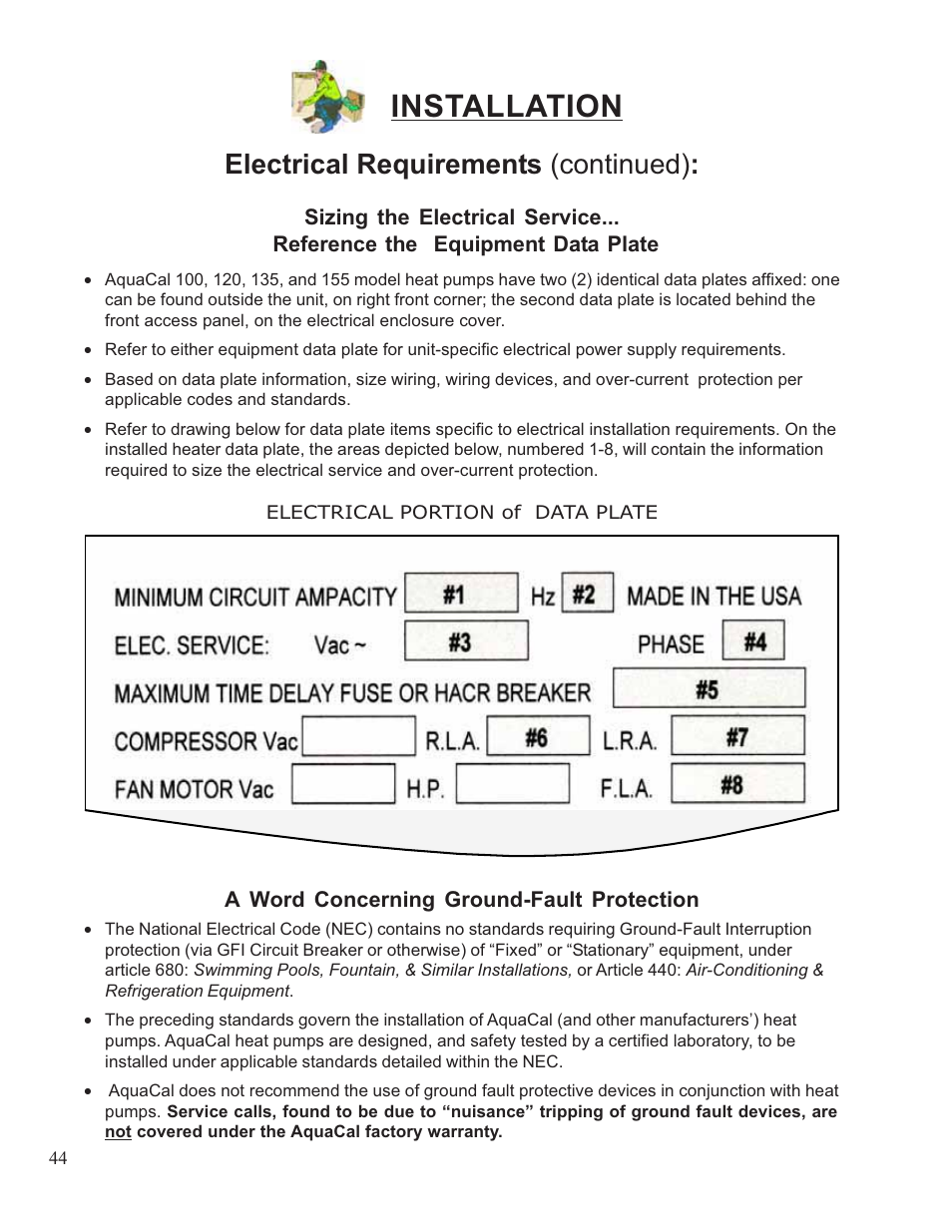 Installation, Electrical requirements (continued) | Aquacal 110 User Manual | Page 44 / 214