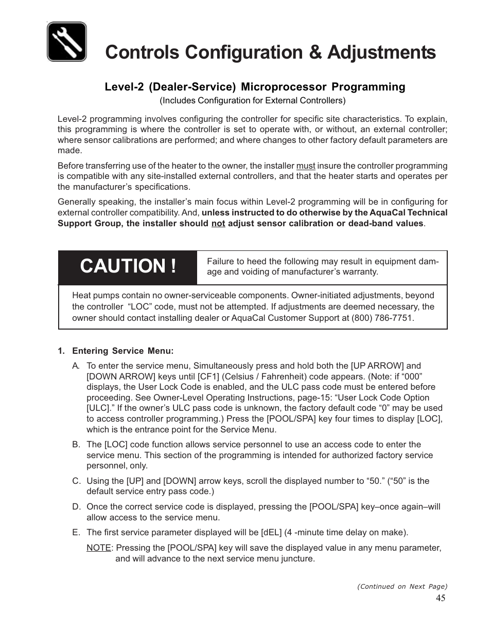 Controls configuration & adjustments, Caution | Aquacal 110 User Manual | Page 45 / 214