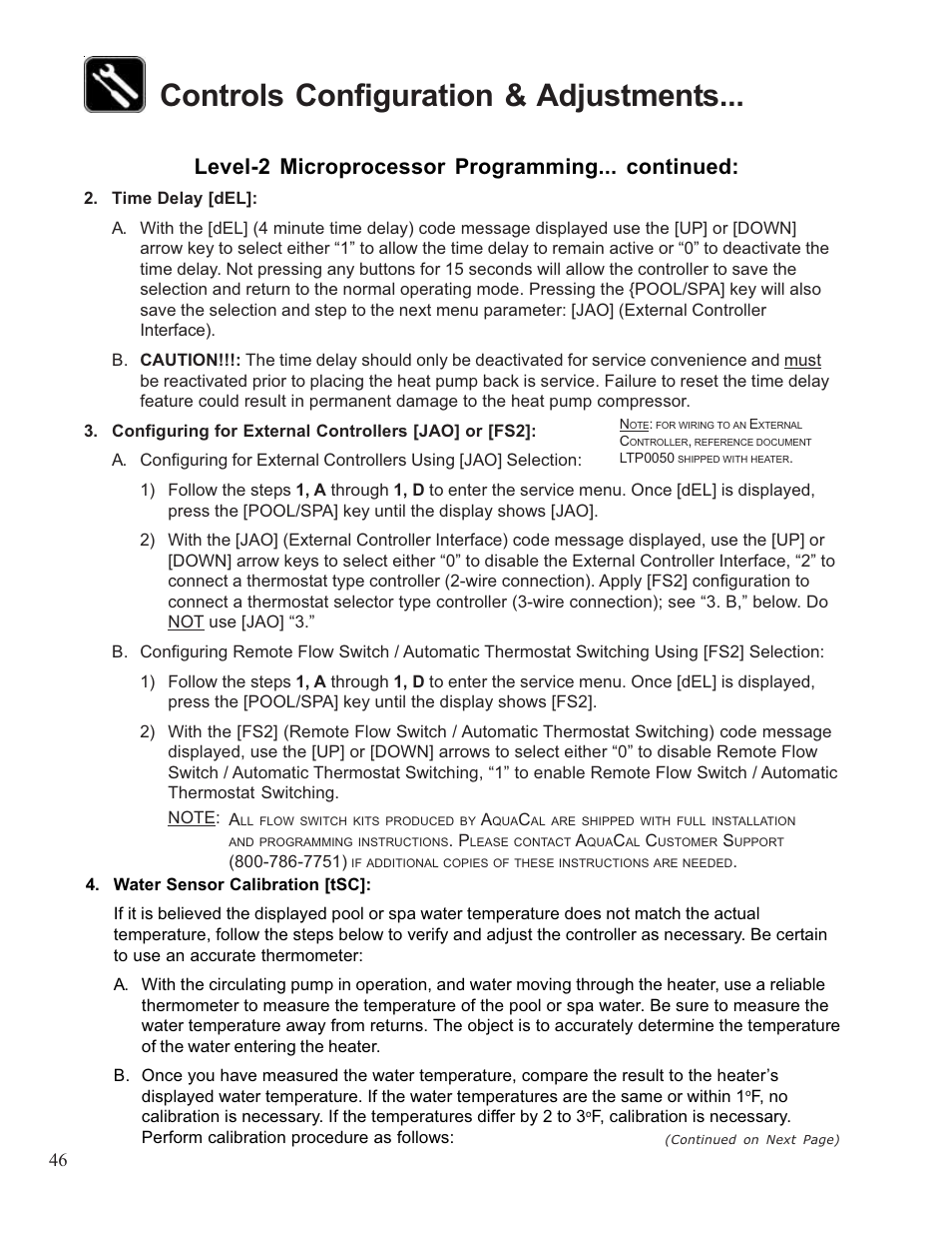 Controls configuration & adjustments, Level-2 microprocessor programming... continued | Aquacal 110 User Manual | Page 46 / 214