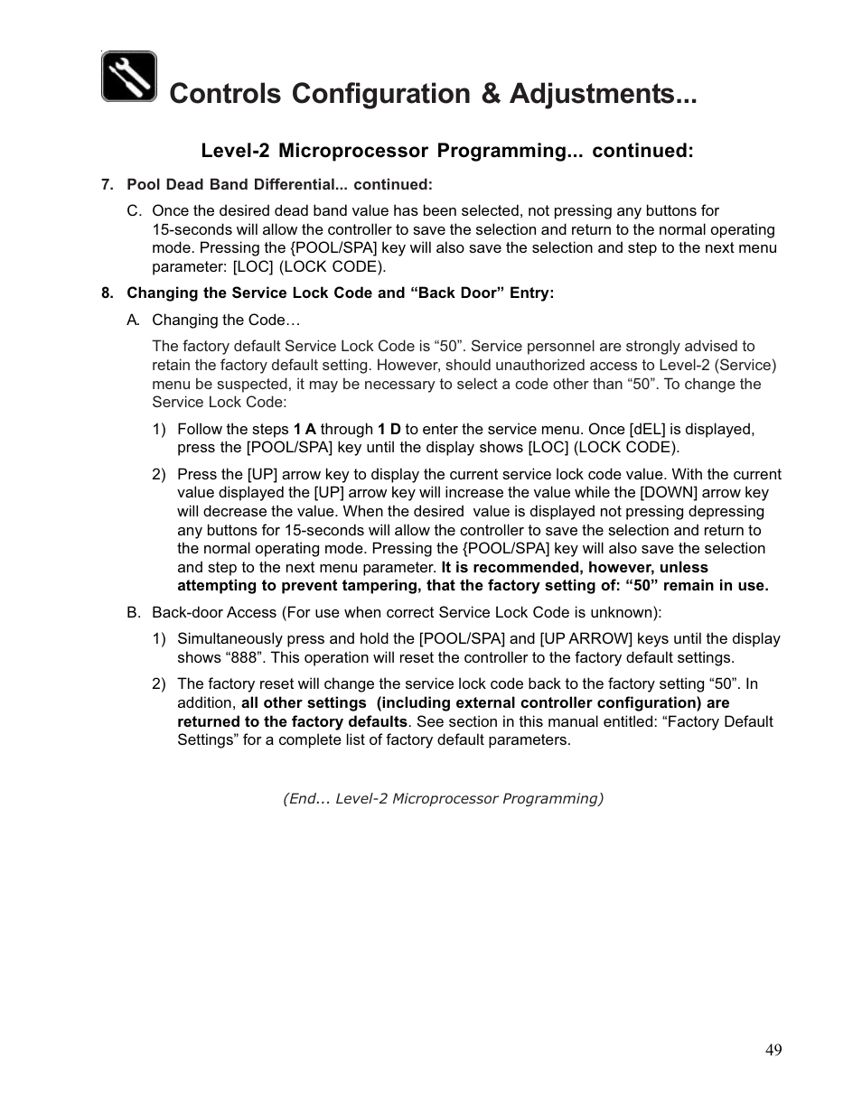 Controls configuration & adjustments | Aquacal 110 User Manual | Page 49 / 214