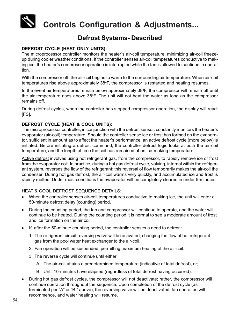 Controls configuration & adjustments, Defrost systems- described | Aquacal 110 User Manual | Page 54 / 214