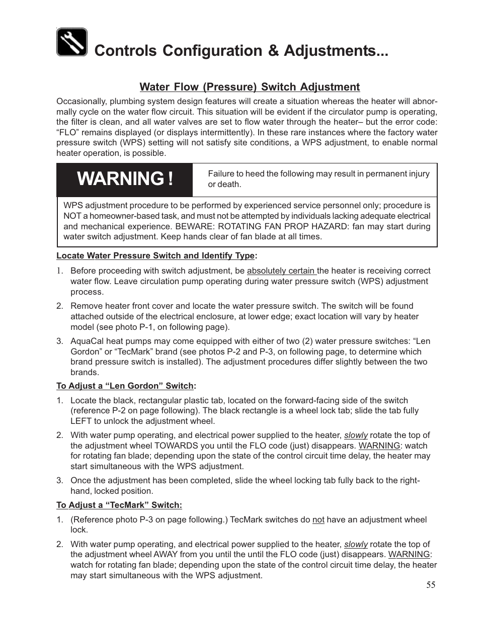 Warning, Controls configuration & adjustments | Aquacal 110 User Manual | Page 55 / 214