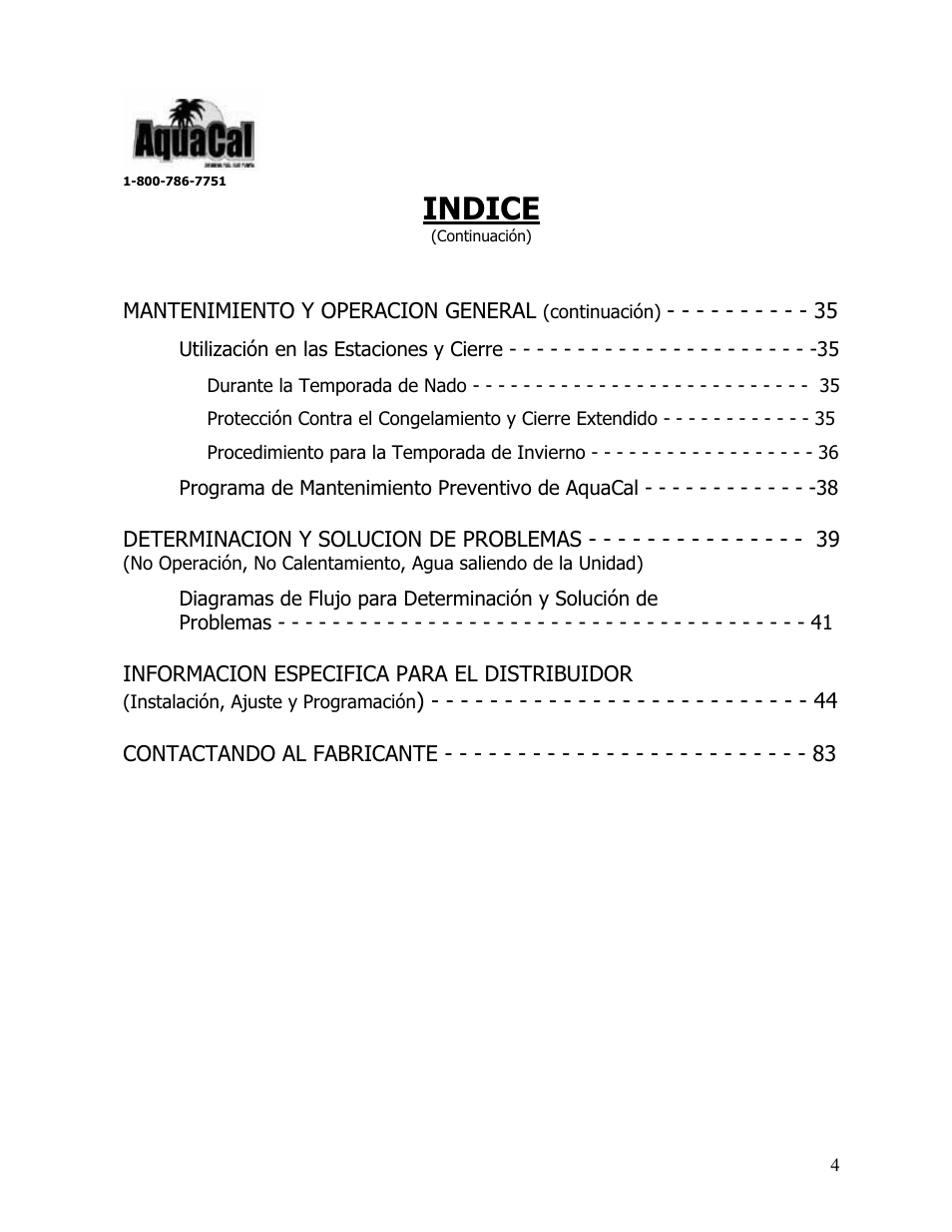 Indice | Aquacal 110 User Manual | Page 62 / 214