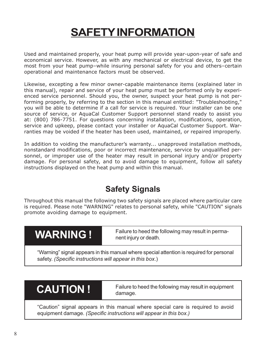 Safety information, Warning, Caution | Safety signals | Aquacal 110 User Manual | Page 8 / 214