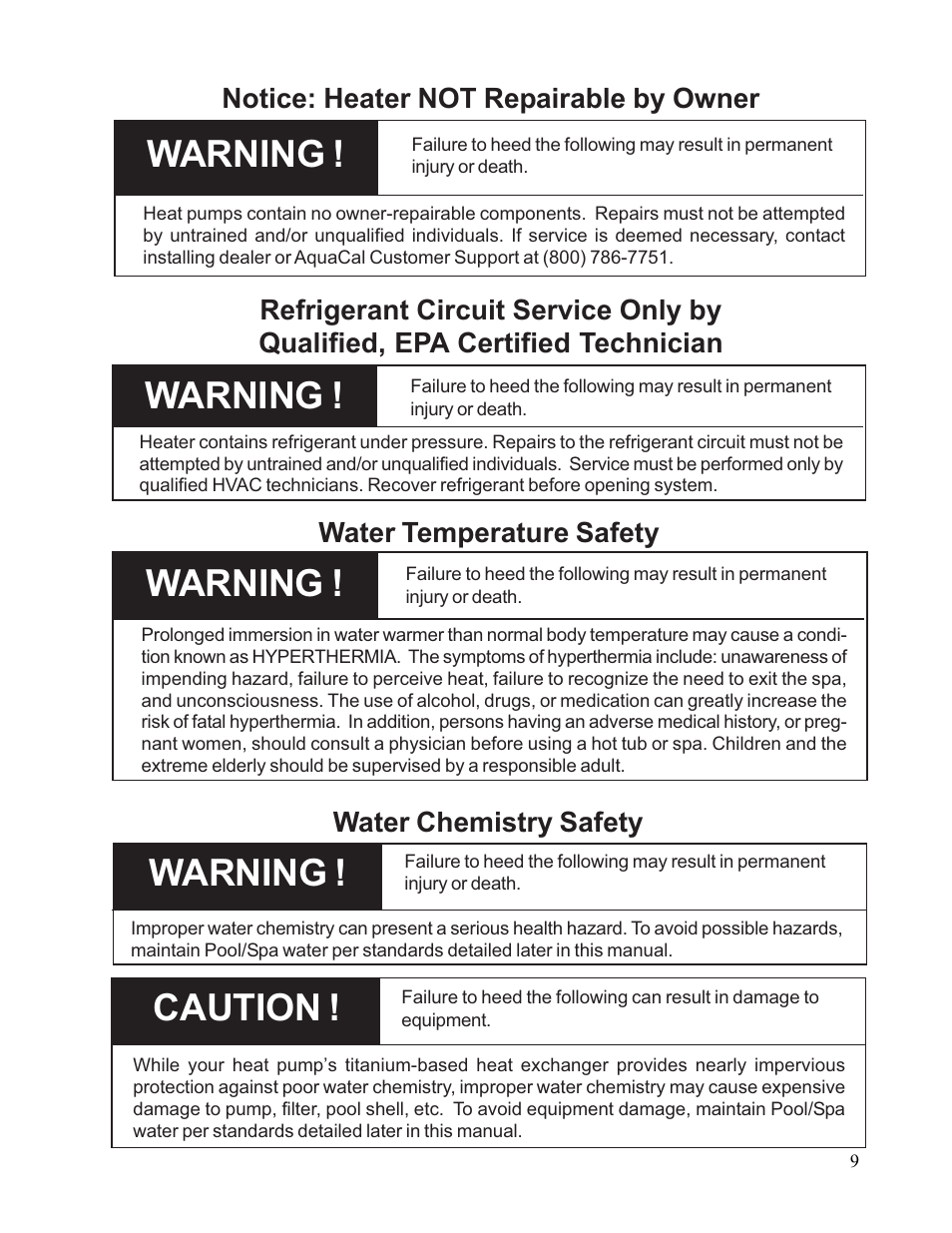 Warning, Caution | Aquacal 110 User Manual | Page 9 / 214