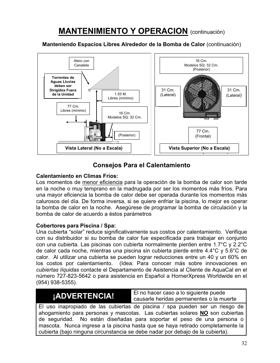 Mantenimiento y operacion, Advertencia, Consejos para el calentamiento | Aquacal 110 User Manual | Page 90 / 214