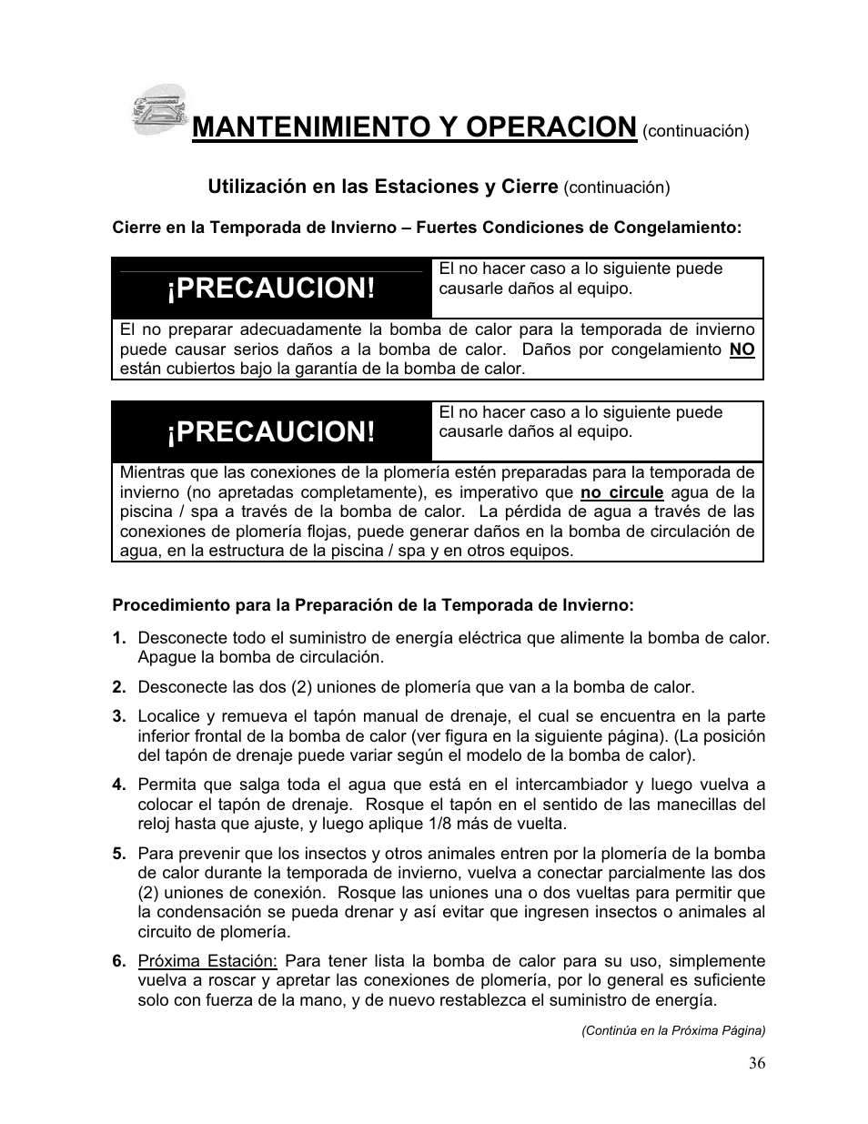 Mantenimiento y operacion, Precaucion | Aquacal 110 User Manual | Page 94 / 214