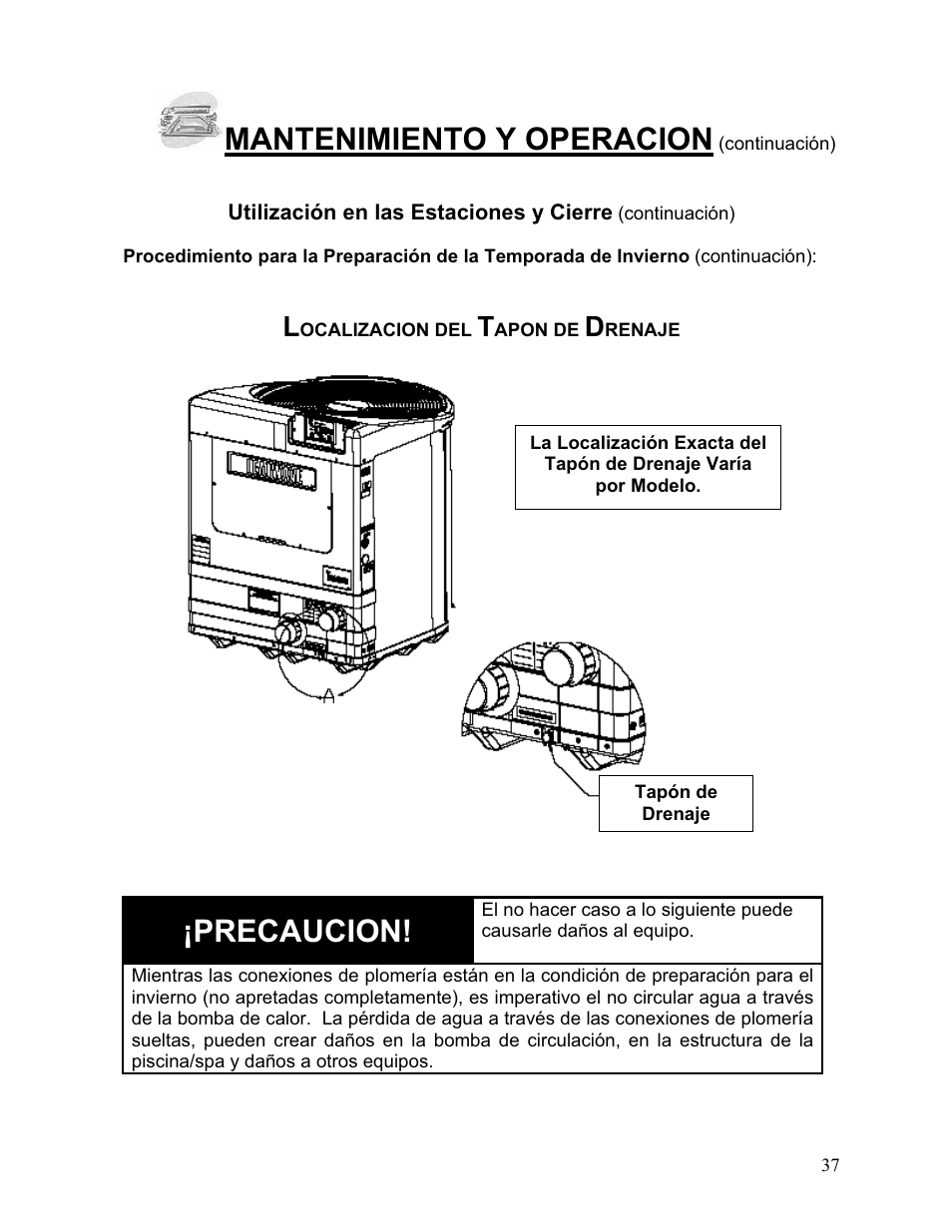 Mantenimiento y operacion, Precaucion | Aquacal 110 User Manual | Page 95 / 214