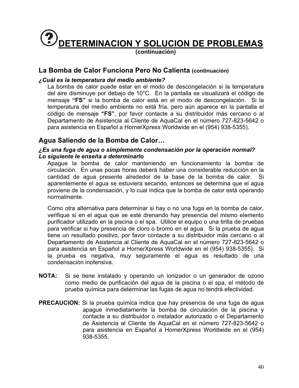 Determinacion y solucion de problemas | Aquacal 110 User Manual | Page 98 / 214